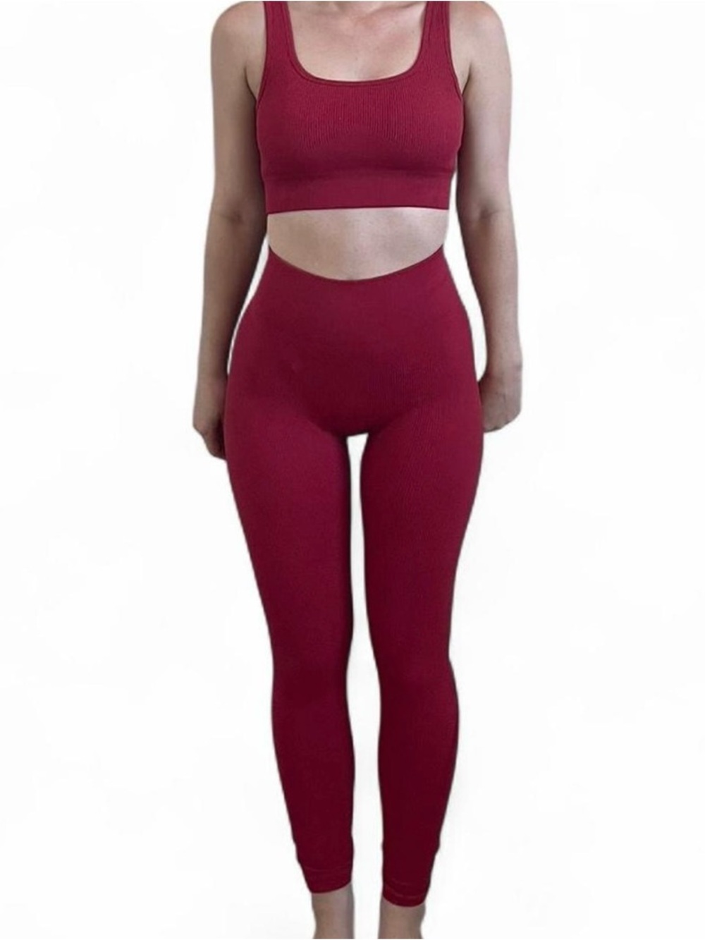 Seamless High-Waist Ribbed Leggings & Crop Tank Set - red